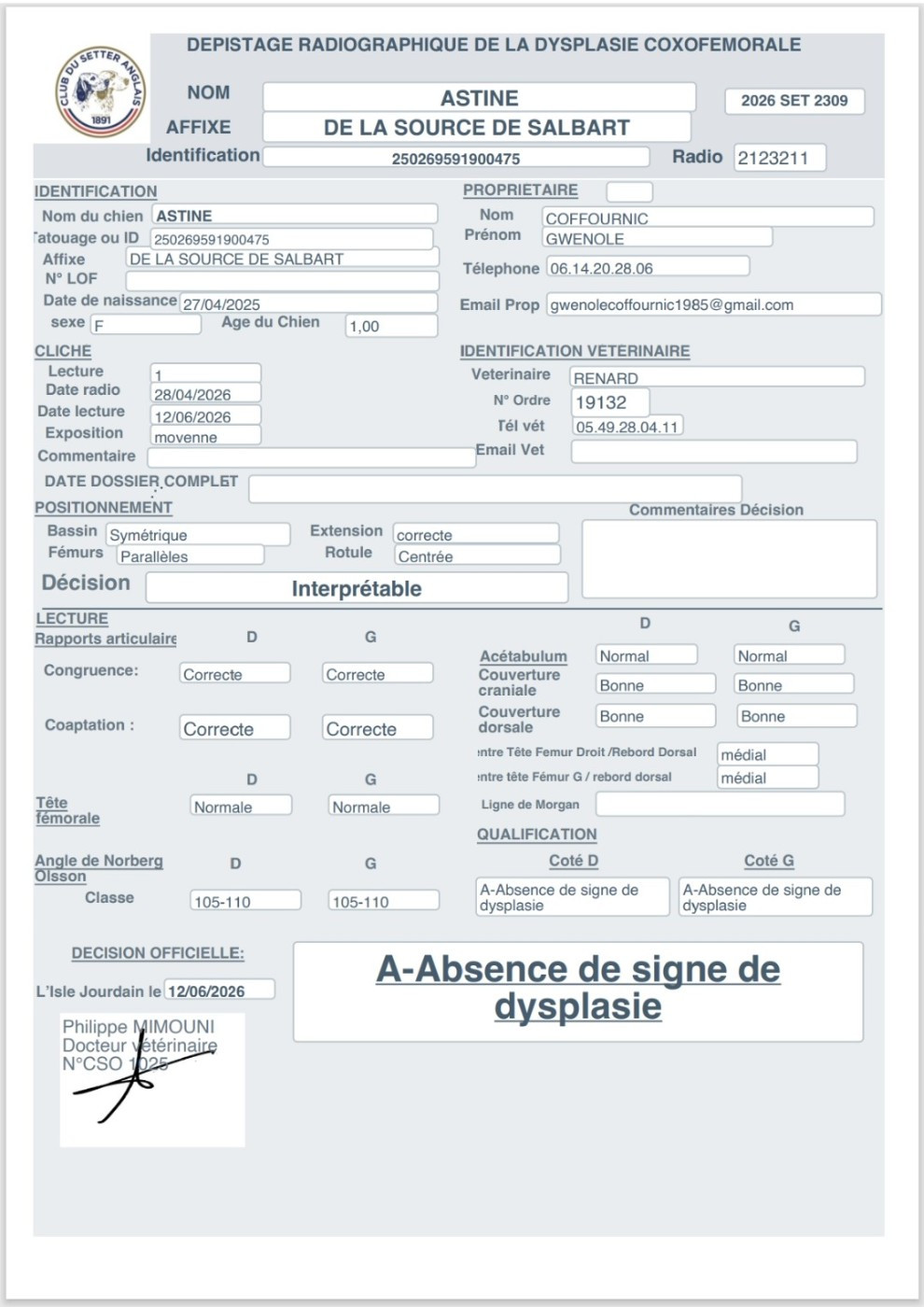 DYSPLASIE A POUR ASTINE DE LA SOURCE DE SALBART